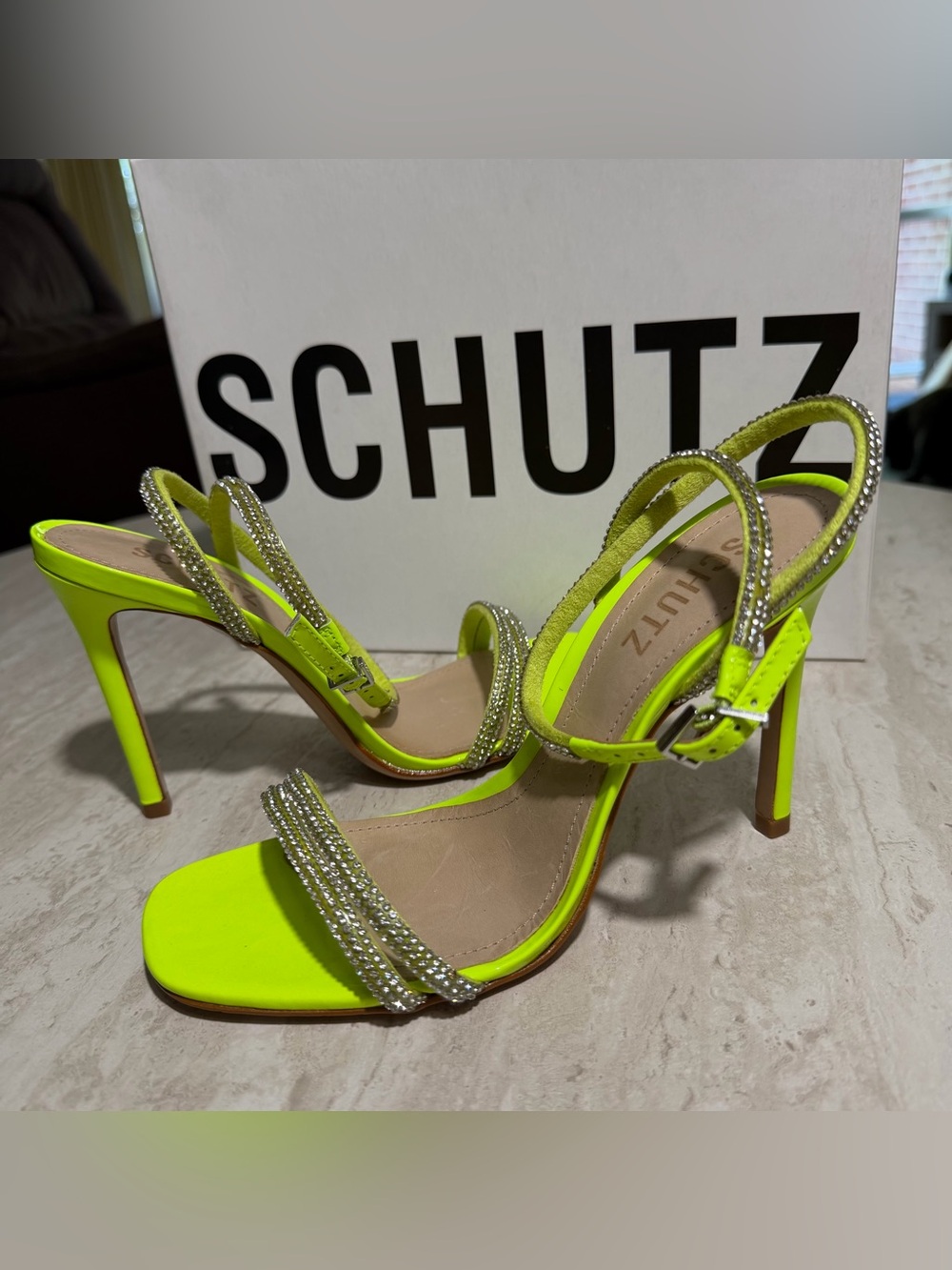 NIB Schutz Neon Green/Yellow Crystal Heeled Sandals *7.5